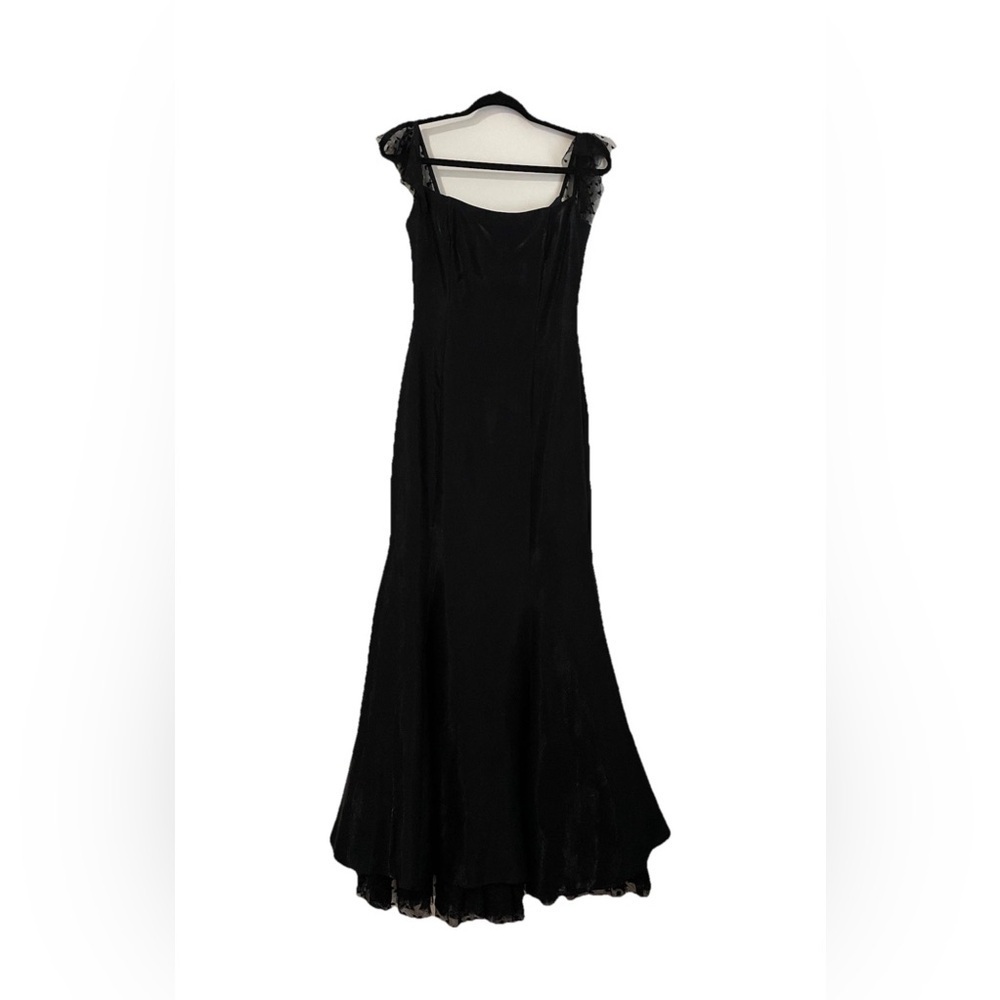 VTG Jessica McClintock Gunne Sax Black Satin Evening Gown Dotted Tulle Ruffle 5